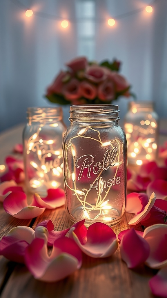 Mason jar lanterns filled with fairy lights, surrounded by rose petals.