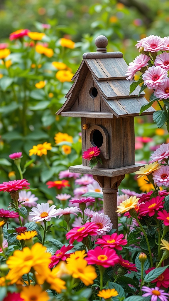 A rustic birdhouse surrounded by colorful flowers in a garden.