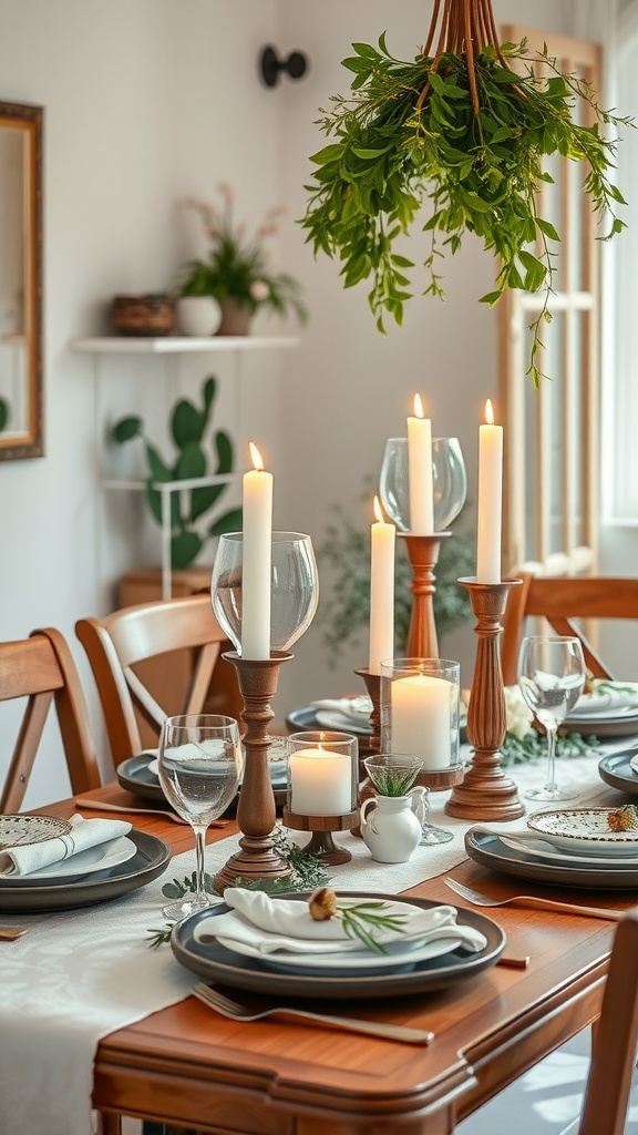 A beautifully set table with rustic candle holders, featuring greenery and flowers in a bright room.