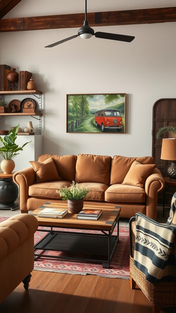 A stylish living room featuring a brown couch, wooden coffee table, and metal accents.