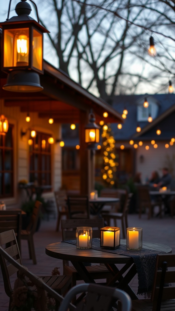 A cozy outdoor setting with rustic lanterns and candles on a table, illuminated by string lights.