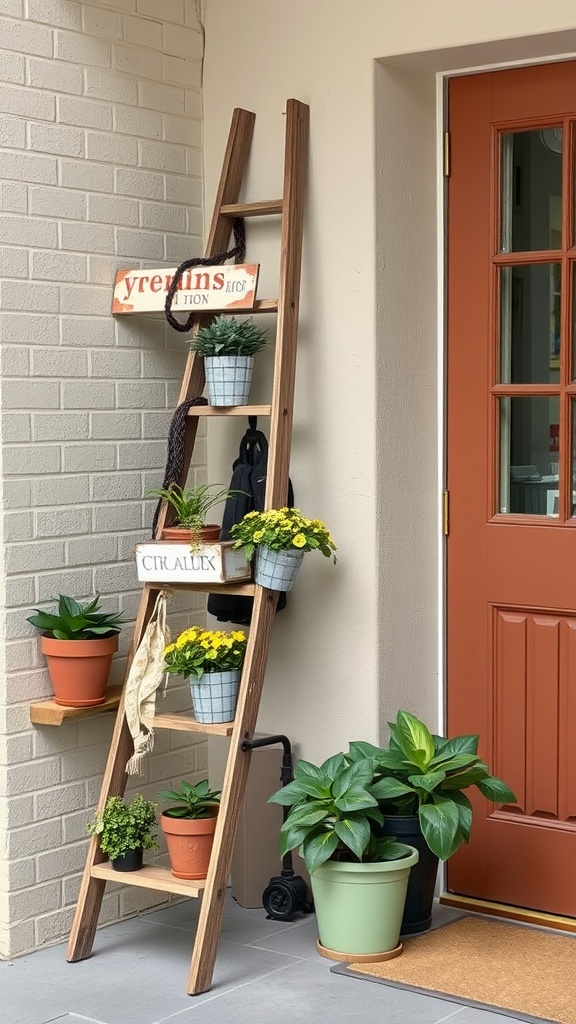 A rustic wooden ladder decorated with flower pots and welcome signs beside a blue door.