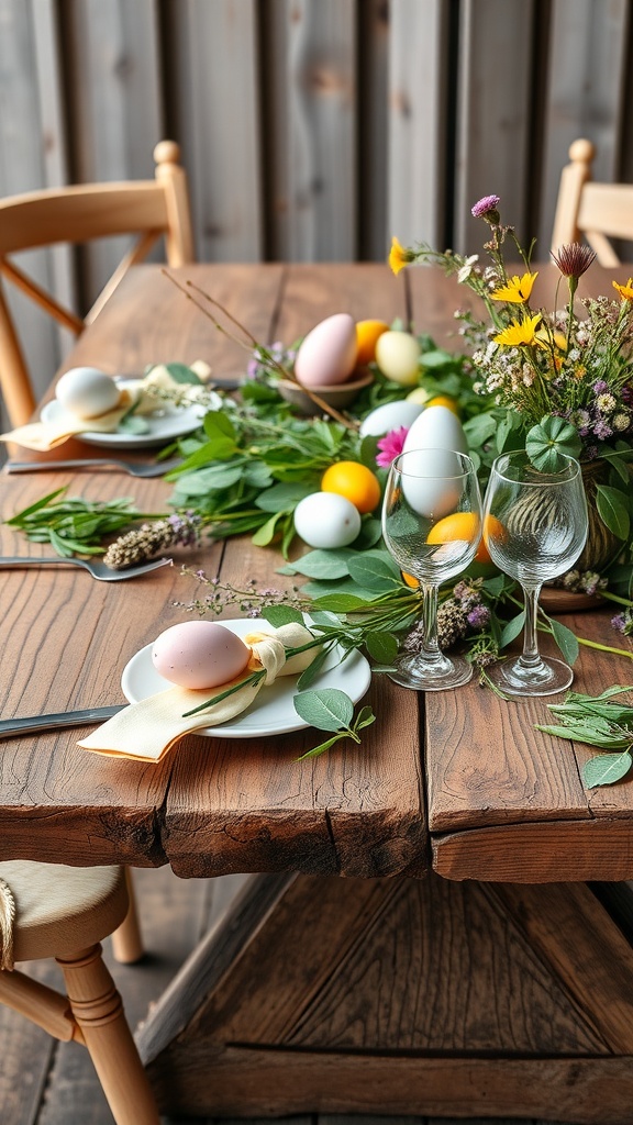 A rustic wooden table decorated for Easter with eggs, flowers, and greenery.