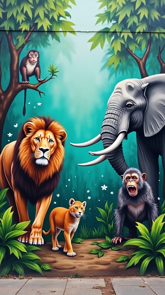 Colorful jungle mural featuring a lion, lion cub, elephant, and monkey among lush greenery.