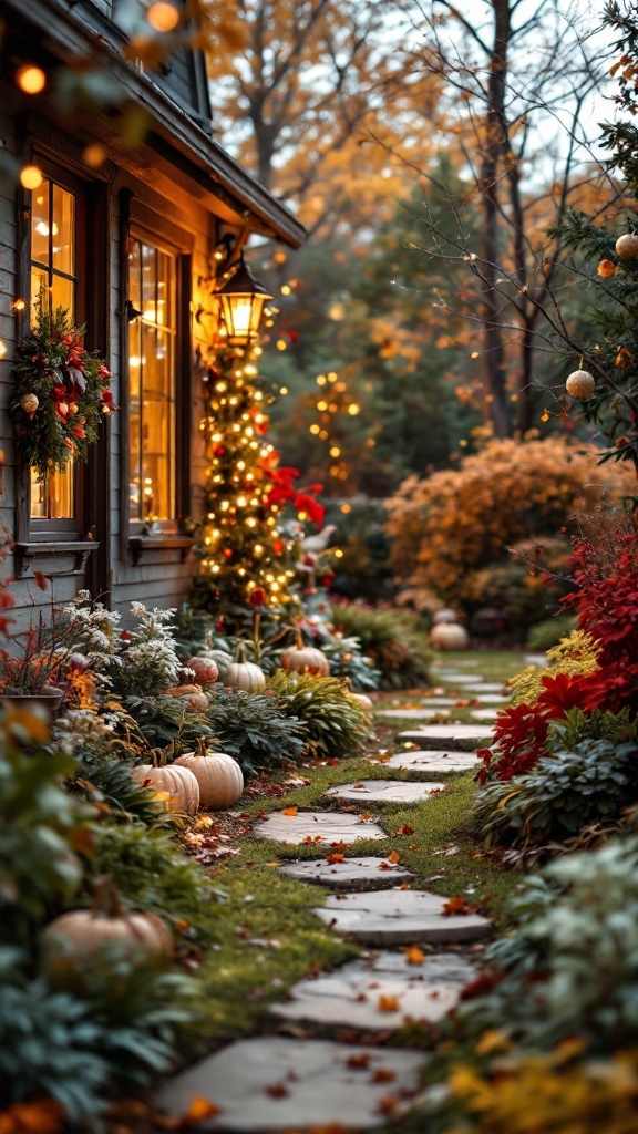 A beautifully decorated backyard with pumpkins, flowers, and fairy lights.