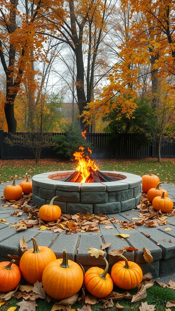 A cozy fire pit surrounded by pumpkins and autumn leaves.
