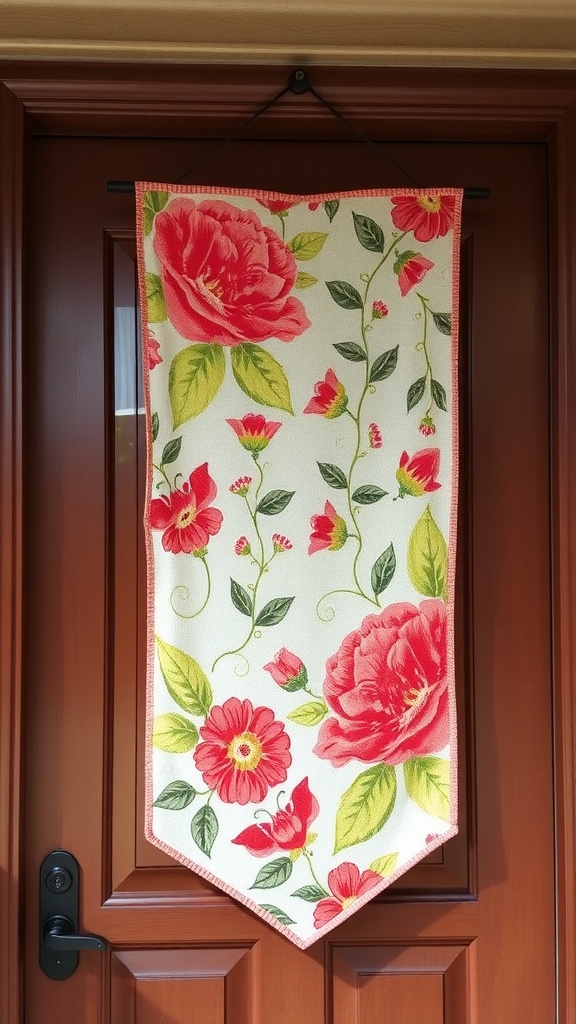 A fabric door banner with floral design and the name 'Harry Seisom' hanging on a door.