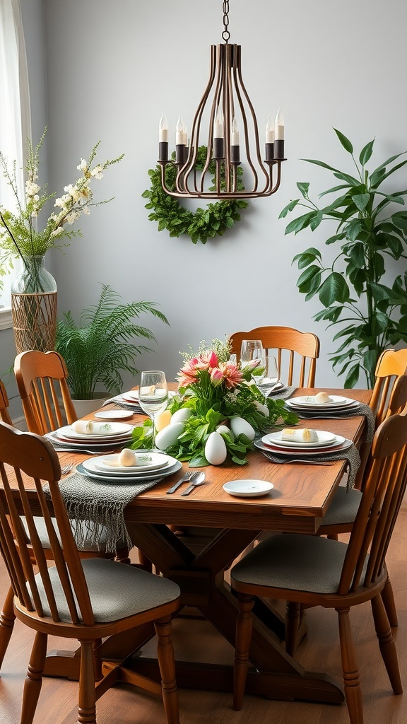 A beautifully set dining table with seasonal greenery accents, featuring a floral centerpiece and decorated plates.