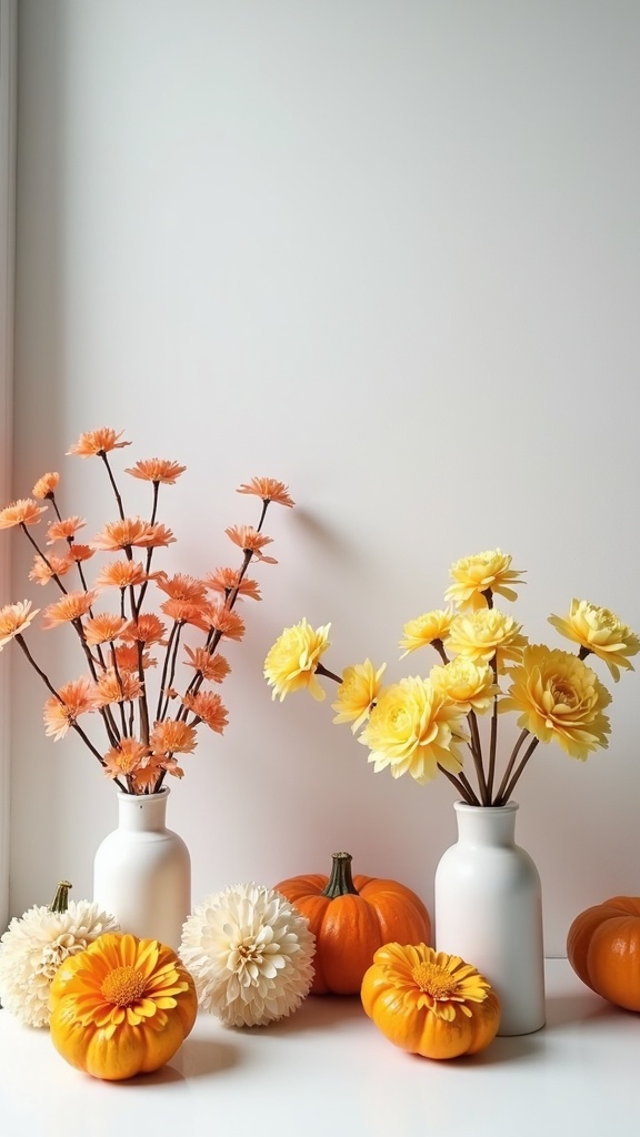 Colorful artificial flowers and pumpkins arranged on a table.