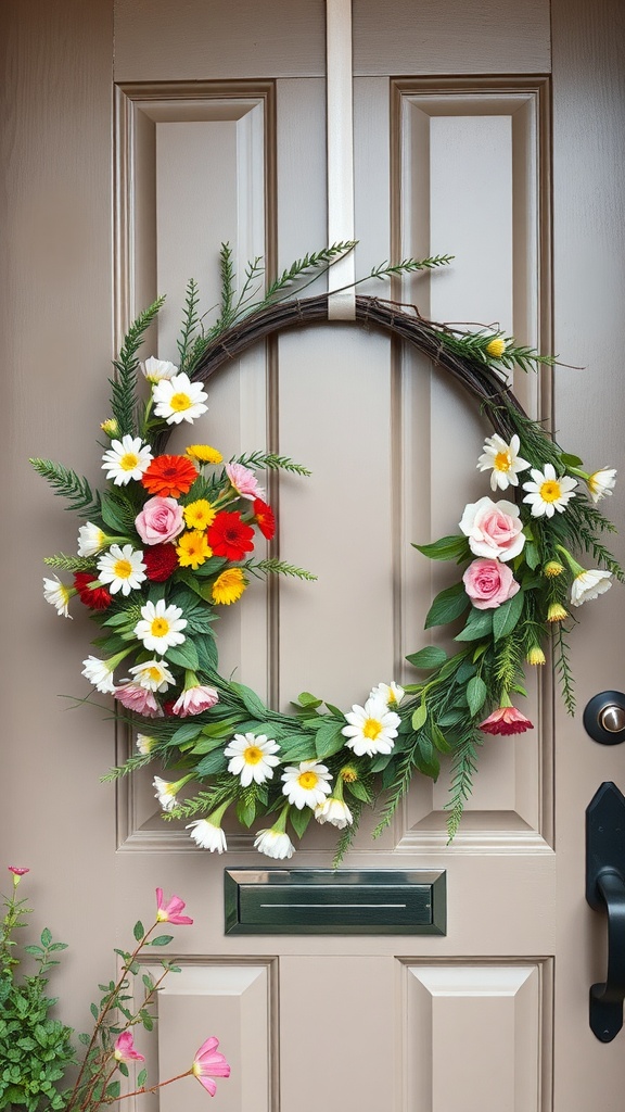 A decorative spring wreath adorned with colorful flowers and greenery on a front door.