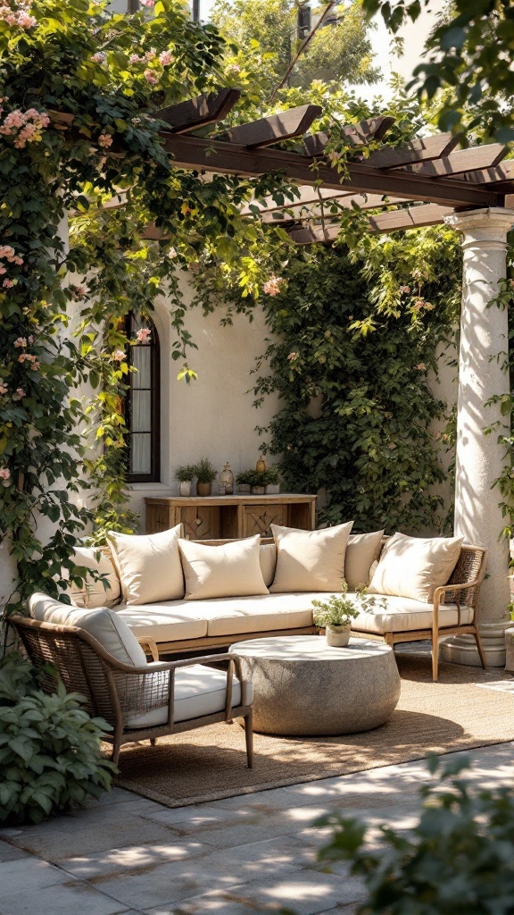A beautiful pergola covered in greenery, creating a cozy outdoor seating area.