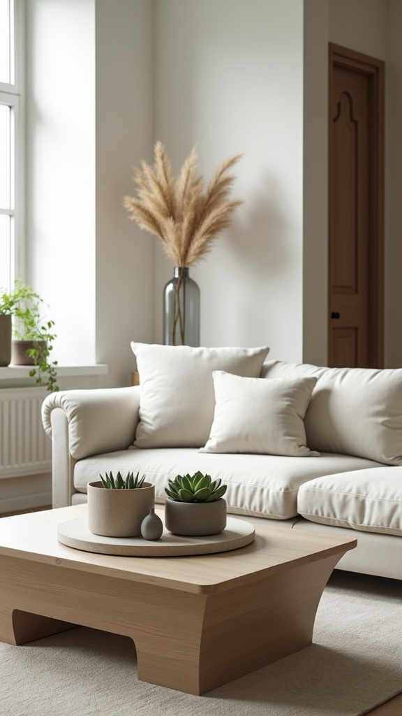 A cozy living room featuring a beige couch and a wooden coffee table with succulent plants