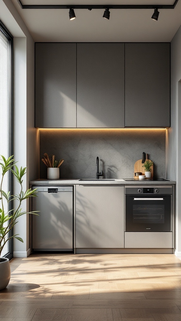 A modern compact kitchen featuring smart appliances, including a refrigerator, sink, and oven, designed for space efficiency.