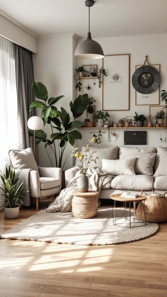 Cozy small apartment living room with grey couch, plants, and decorative shelves.