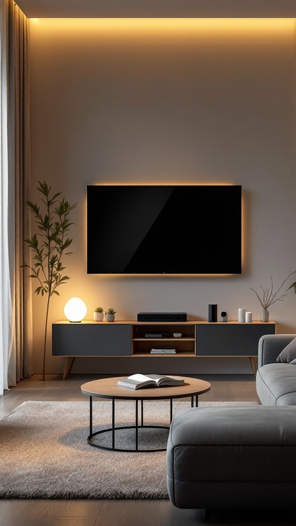 A modern living room with a mounted TV, stylish media console, smart speakers, and warm lighting