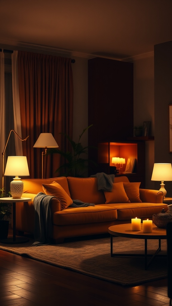 A cozy living room featuring a brown couch with soft lighting from lamps and candles.