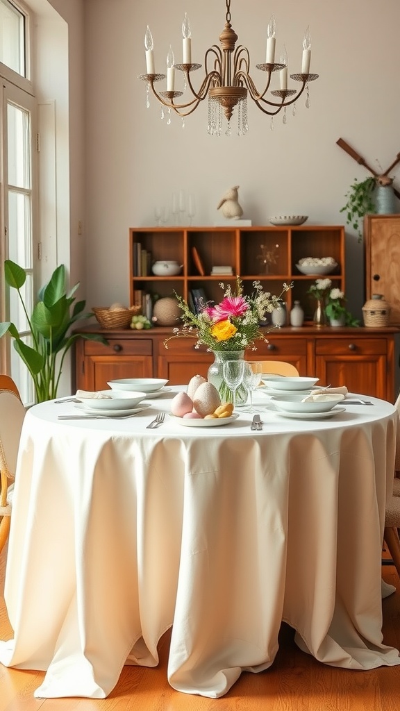 A dining table set with a soft pastel tablecloth, featuring plates, glasses, and decorative elements for an Easter celebration.