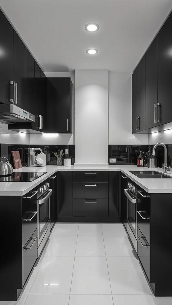 Modern black and white kitchen with sleek cabinets and bright countertops