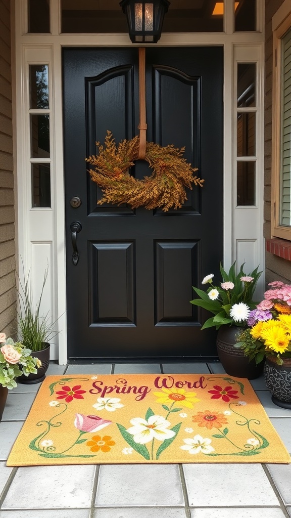 A bright spring-themed door mat featuring floral designs and the word 'Spring'.