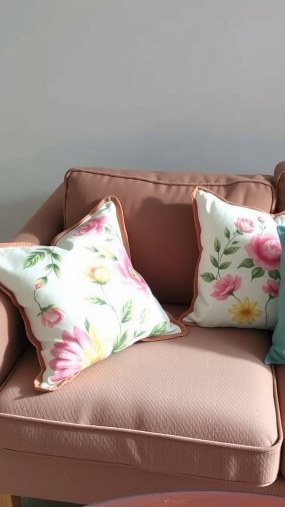 A cozy couch with decorative throw pillows featuring floral designs in spring colors.