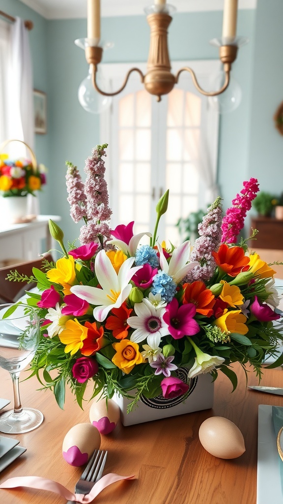 A vibrant floral centerpiece featuring colorful flowers in a white vase, surrounded by decorated Easter eggs on a wooden table.