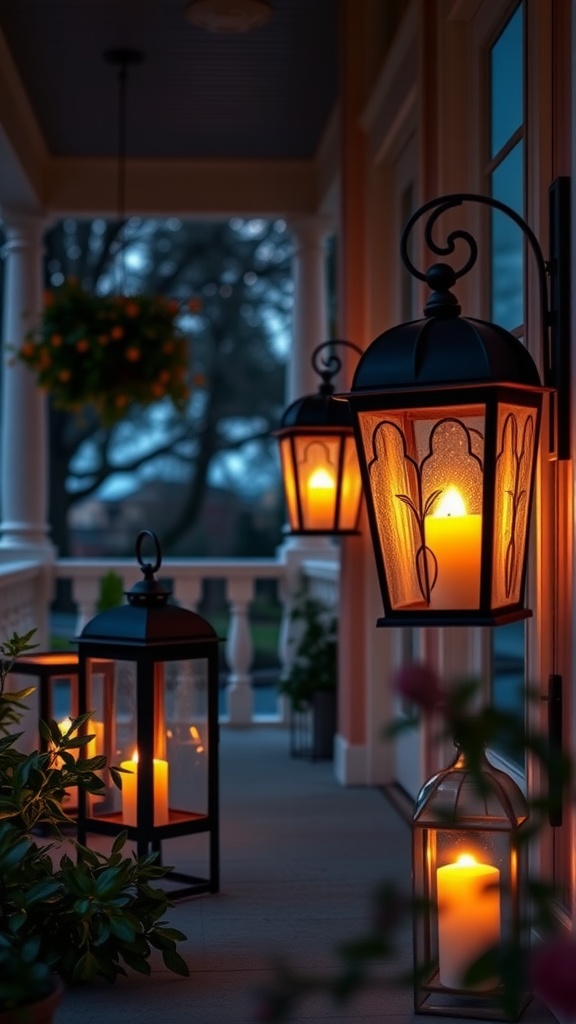 A cozy porch with lanterns glowing softly, surrounded by greenery.