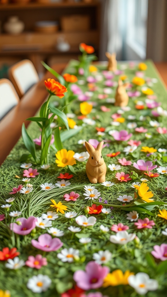 A colorful table runner with flowers and bunny decorations, perfect for a spring-themed Easter table.