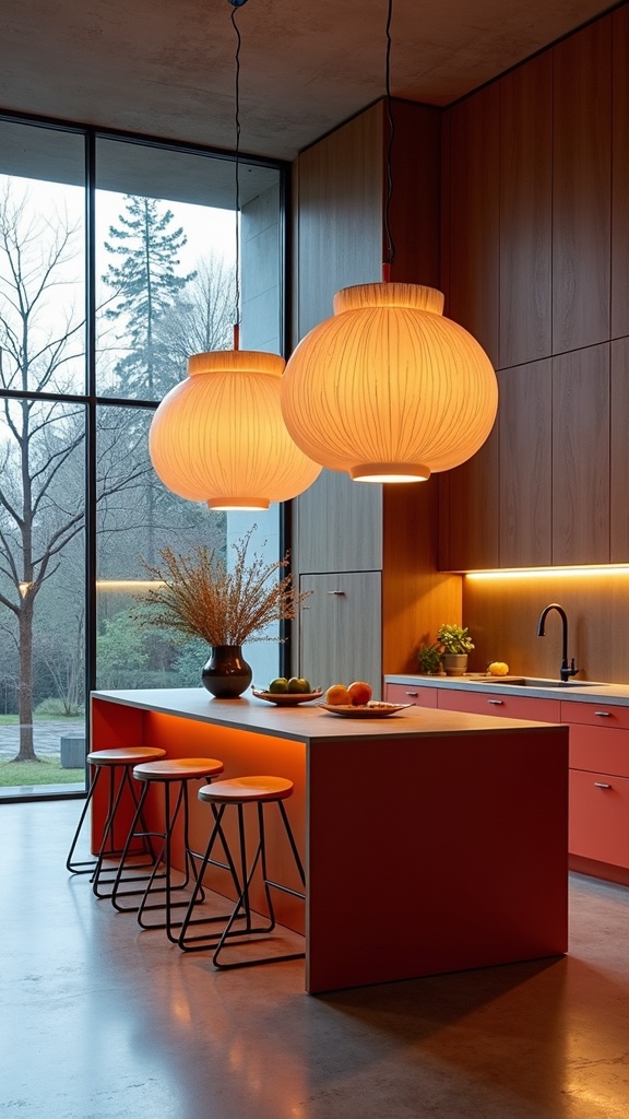 A modern kitchen featuring large, round pendant lights above a stylish island with bar stools.