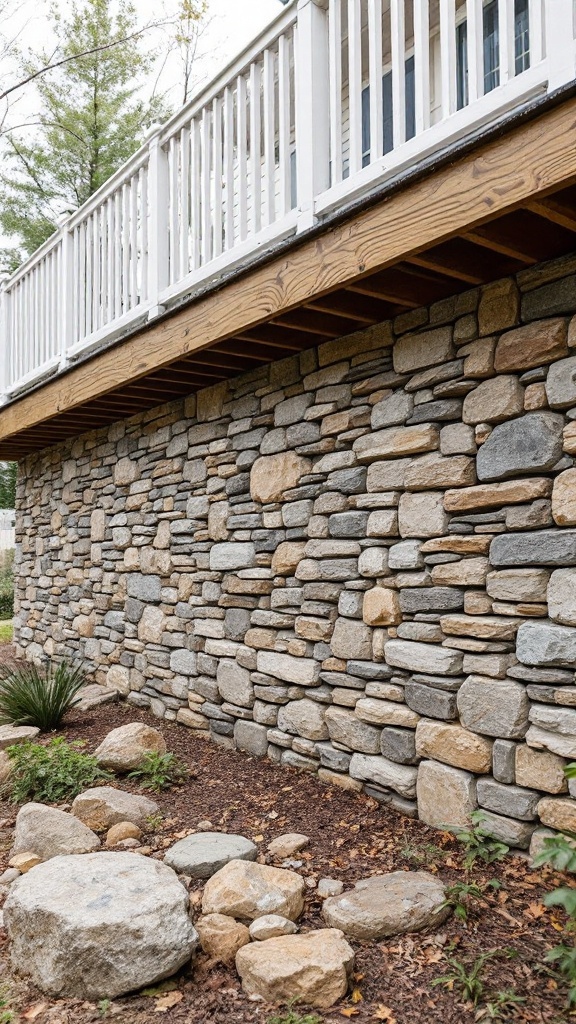 A rustic stone veneer wall underneath a wooden deck, showcasing a variety of stone colors and sizes with plants and rocks in the foreground.