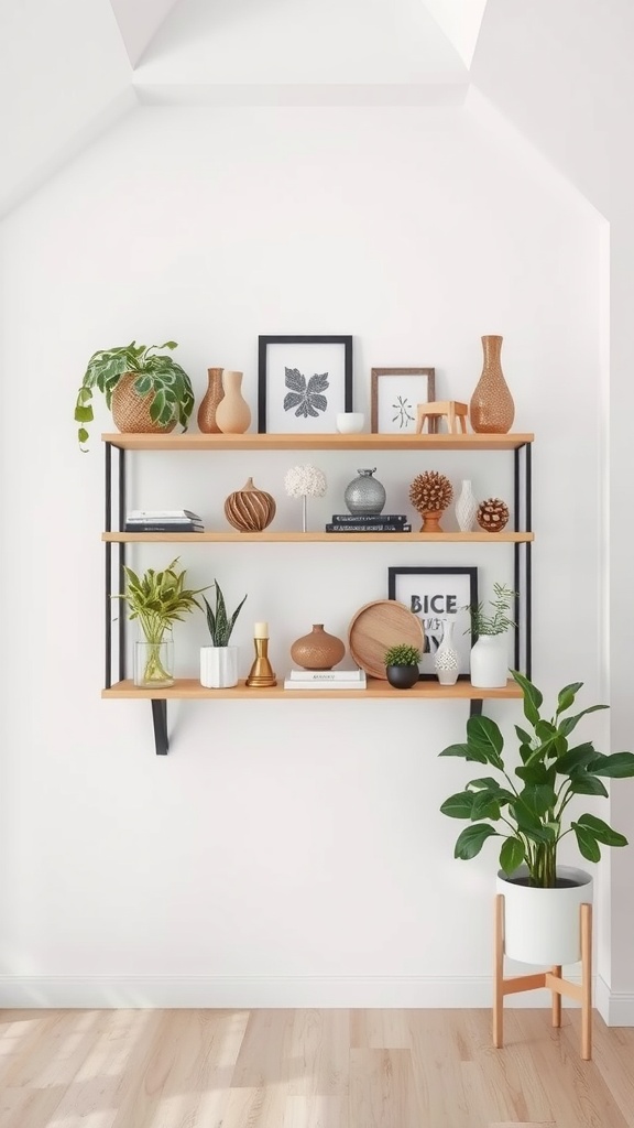 Stylish corner shelf displaying decorative objects like plants, vases, and framed art.