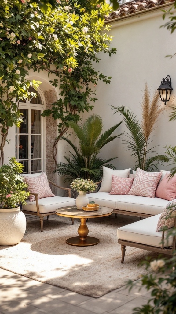 Stylish outdoor seating area with cushions and a coffee table surrounded by greenery.