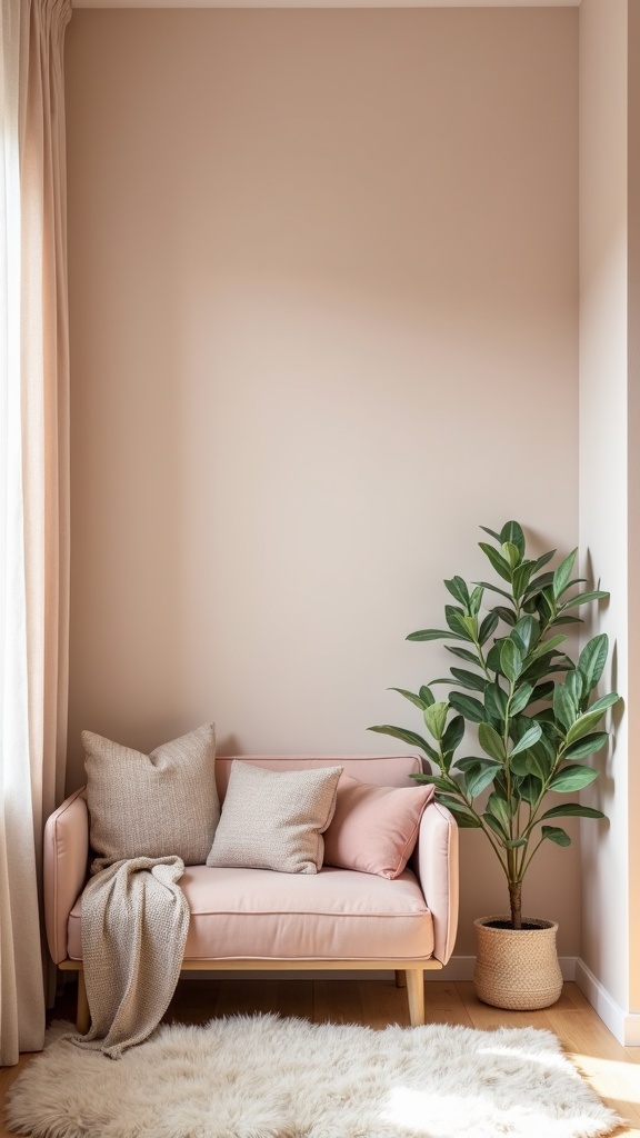 A cozy interior featuring a soft pink couch, neutral pillows, a faux plant, and warm wooden flooring.