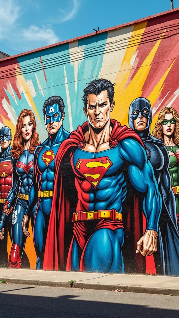 A colorful mural featuring iconic superheroes like Superman, Batman, and Wonder Woman, creating an energetic atmosphere.