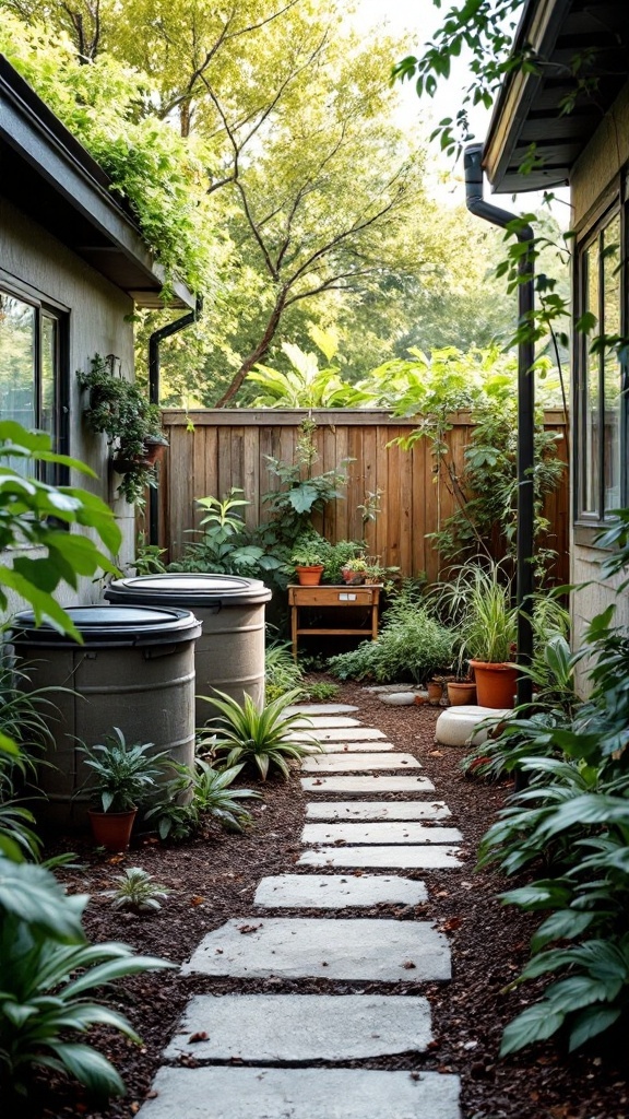 A cozy townhouse courtyard garden with rain barrels and lush greenery.