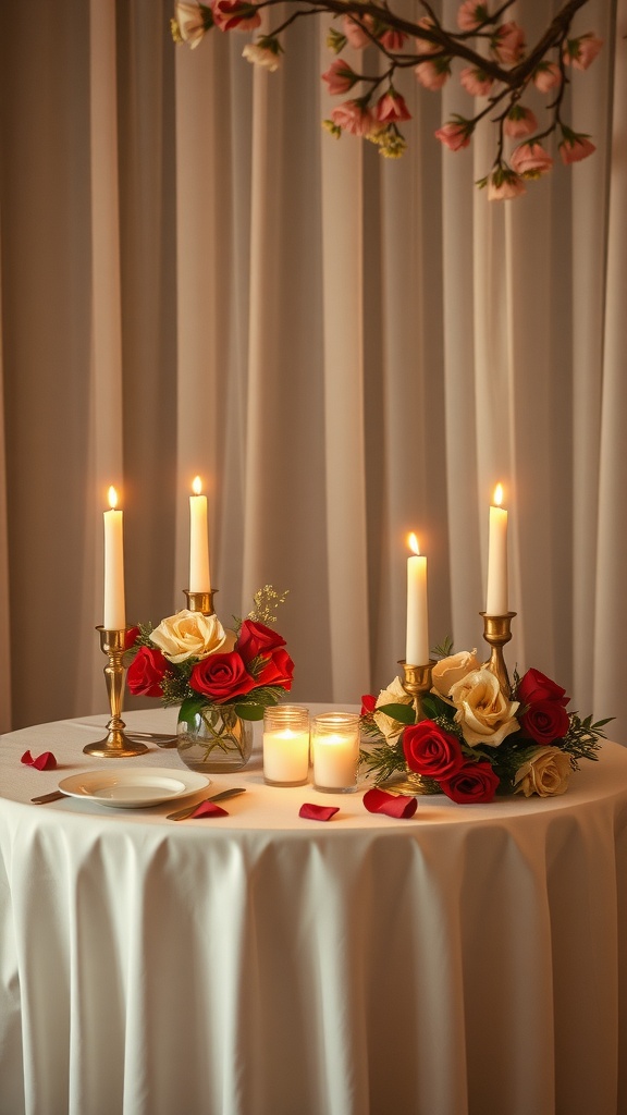 A beautifully decorated sweetheart table with candles and flowers.