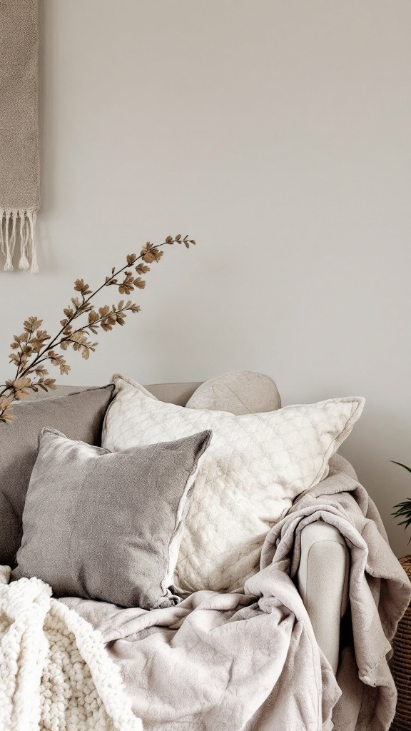 Cozy living room with a beige couch featuring textured pillows and a soft throw blanket.