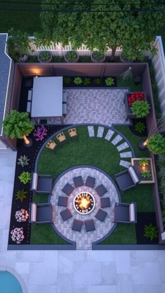Aerial view of a landscaped backyard with a circular fire pit surrounded by seating and greenery.