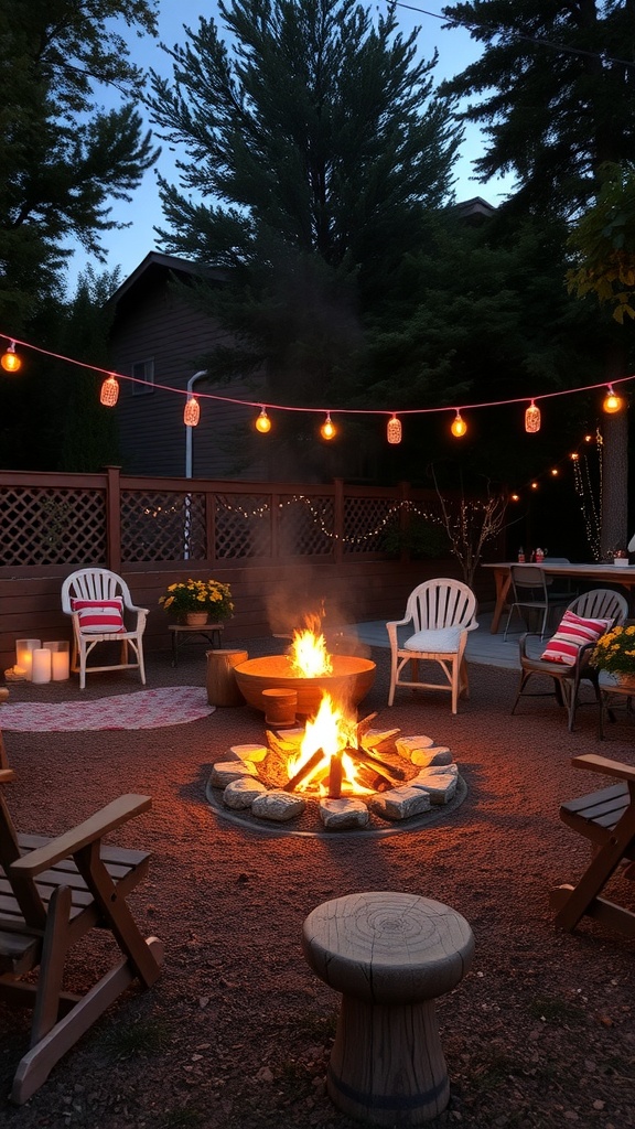 Cozy outdoor fire pit setup with string lights and seating.