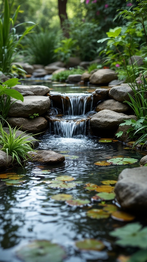 A serene backyard with a gentle waterfall surrounded by stones and green plants.