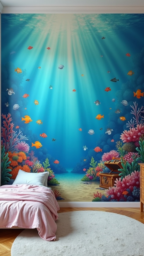 A colorful underwater mural in a child's bedroom featuring fish, coral, and a treasure chest.