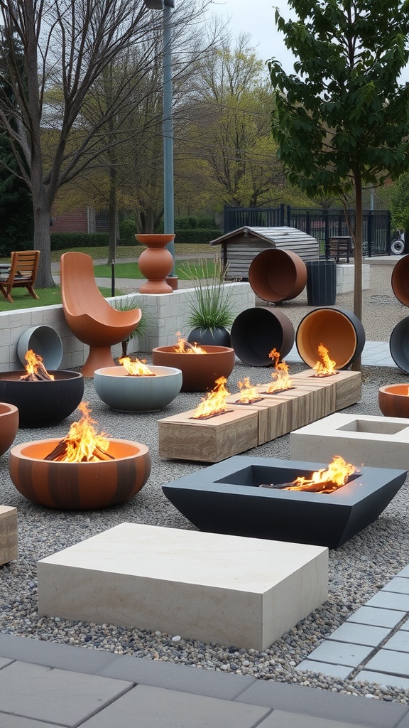 A variety of unique outdoor fire pits in different shapes and colors surrounded by seating.