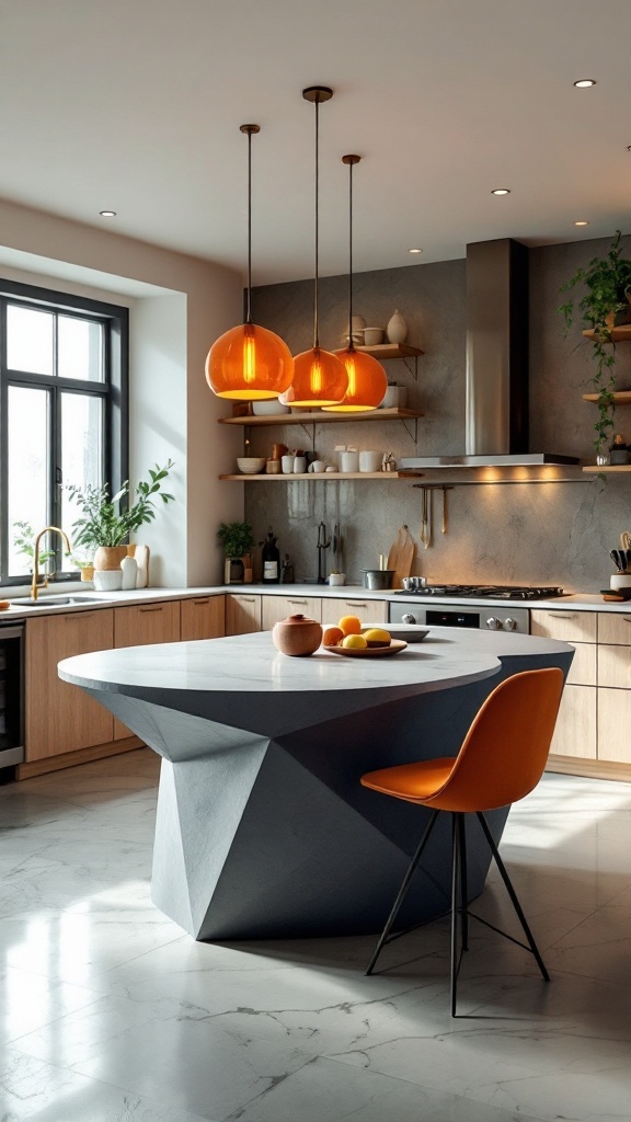 A unique kitchen island with a geometric design and an orange chair, surrounded by warm lighting.