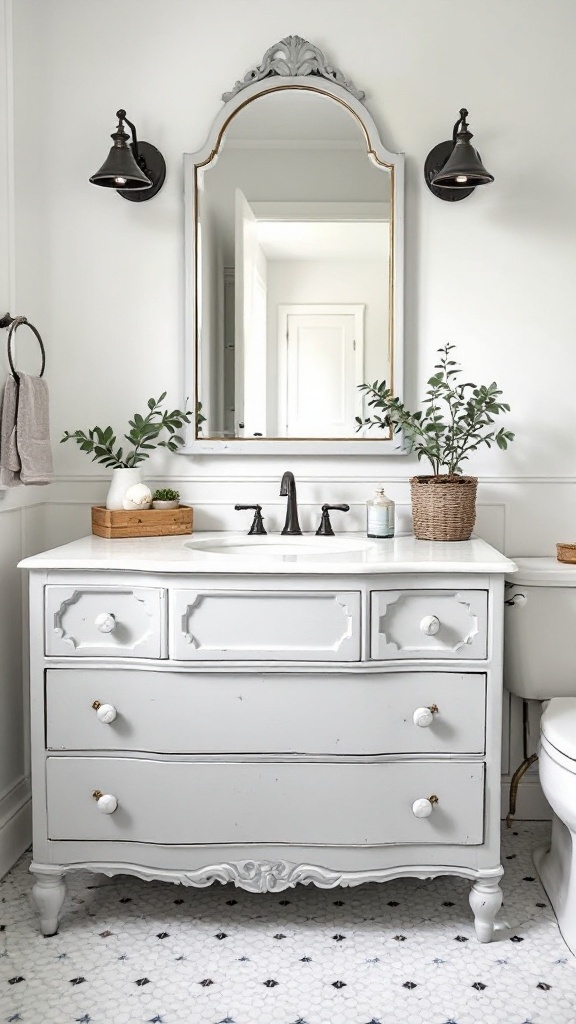 An upcycled dresser converted into a bathroom vanity, featuring a white finish and stylish faucets.