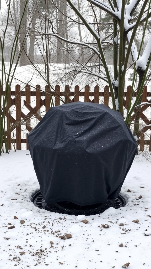 A covered fire pit in a snowy outdoor setting