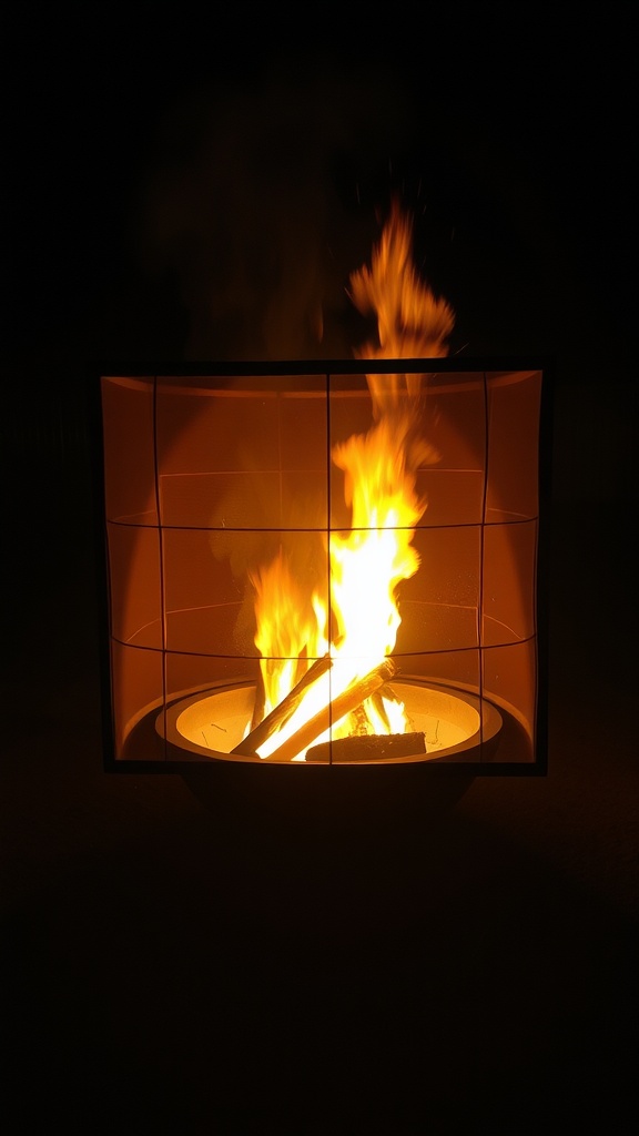 A fire pit with a protective screen, showcasing flames and logs inside.