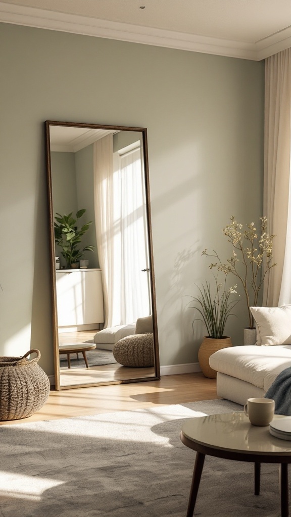 A small living room featuring a large mirror, light green walls, a cozy sofa, and plants.
