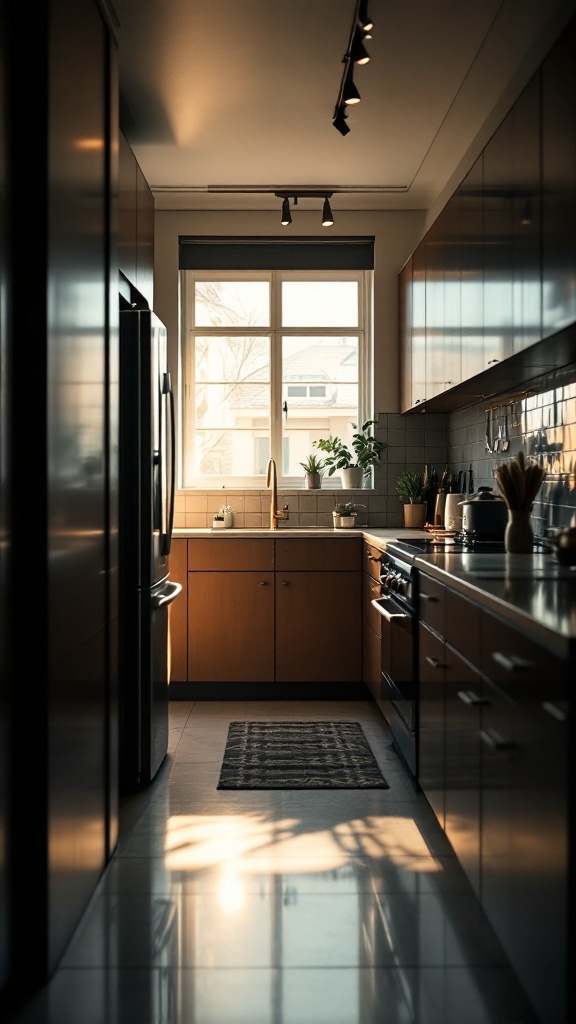 A narrow kitchen featuring modern cabinets, a window allowing natural light, and a clean design.