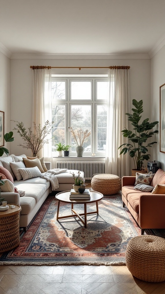 A cozy small living room with a patterned area rug, comfortable seating, and plants.