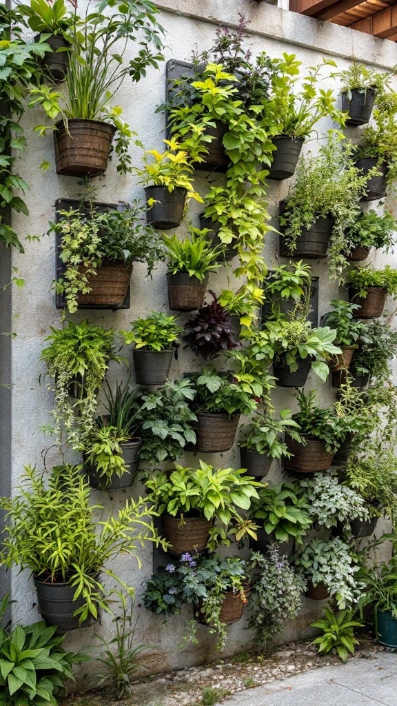 A vibrant vertical garden with various plants in wall-mounted pots.