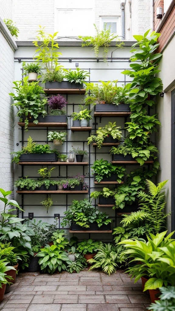 A vertical garden with various plants arranged on shelves against a wall.